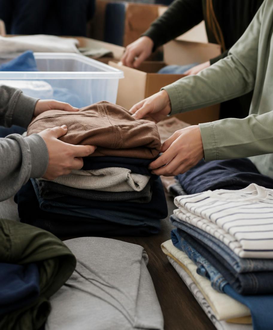 Volunteers folding and sorting donated clothing on a table