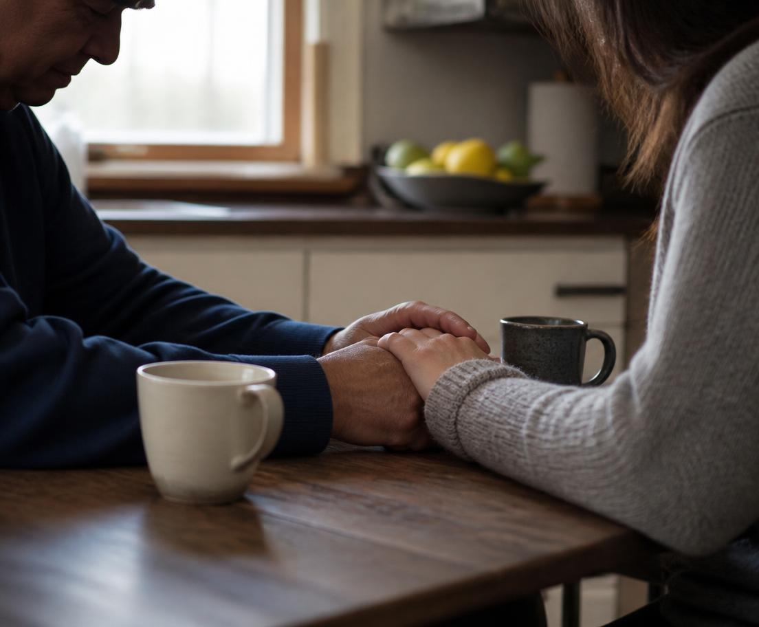 Two people holding hands in quiet prayer at a kitchen table