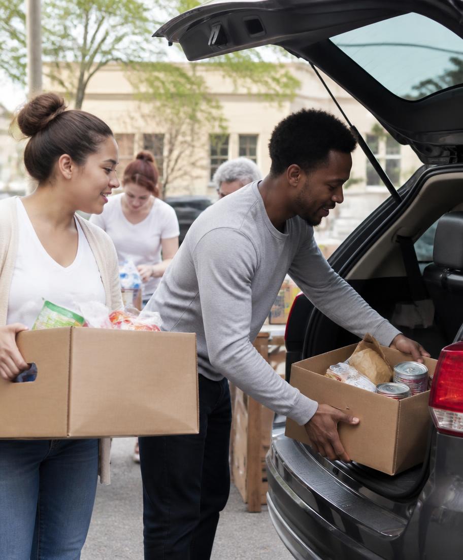 Volunteers loading boxes of food into a car at an outreach event