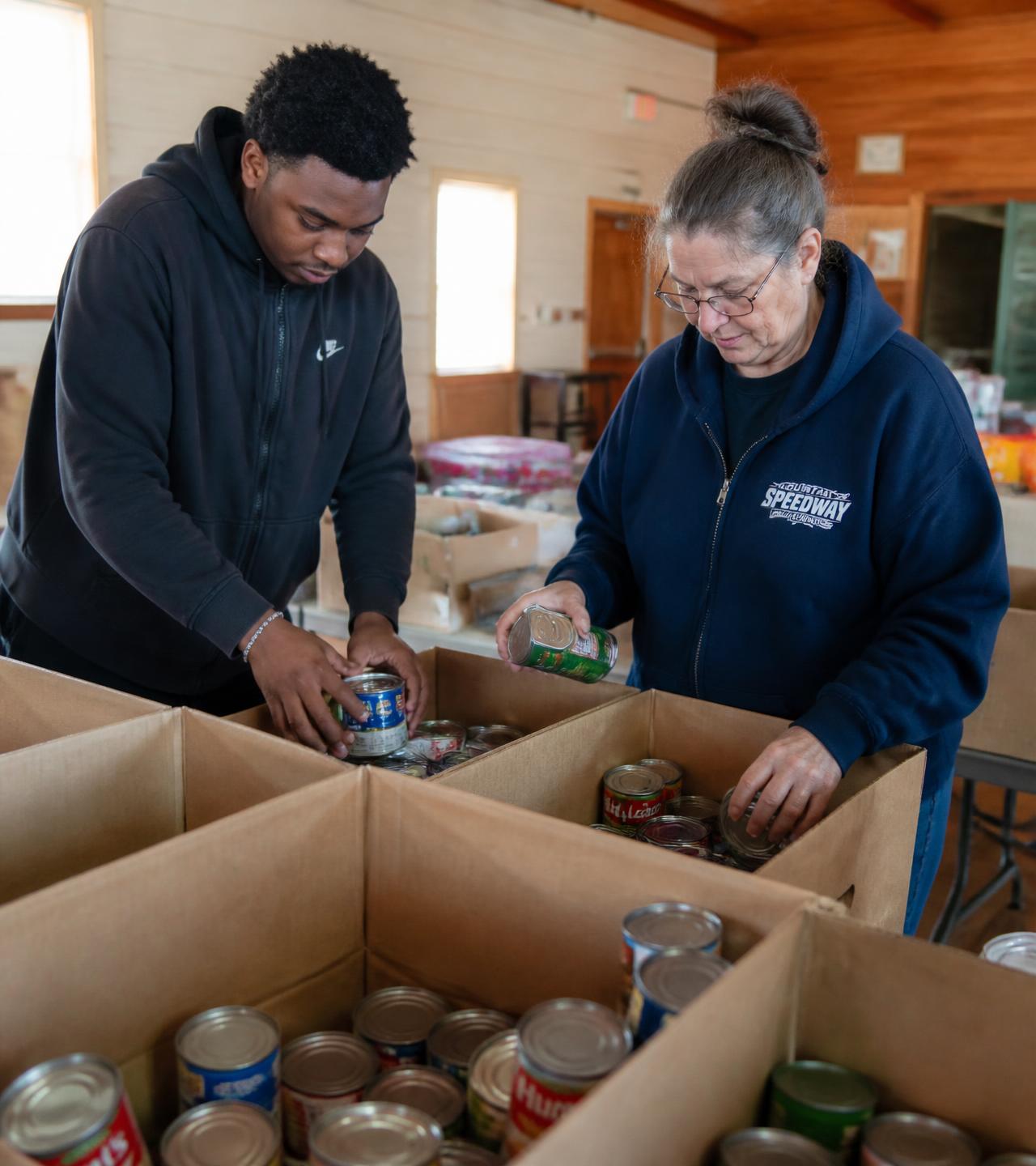 Two volunteers sorting donated canned food into boxes at a community hall